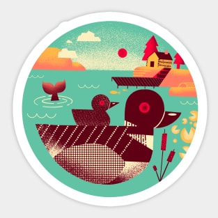 1950s Retro Loon Bird on a Lake Sticker